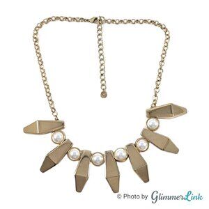 Faux Pearl Geometric Chunky Spikes Bib Gold Tone Statement Necklace